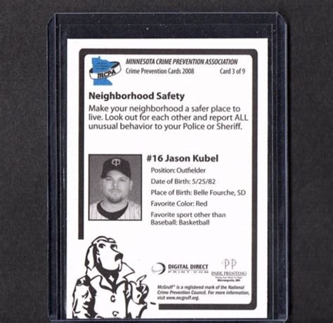 2008 CRIME PREVENTION CARD SIGNED IP AUTO JASON KUBEL MINNESOTA TWINS