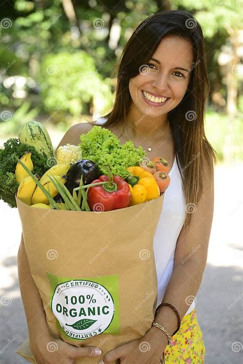 Woman Holding Shopping Paper Bag With Organic Or Bio Vegetables And