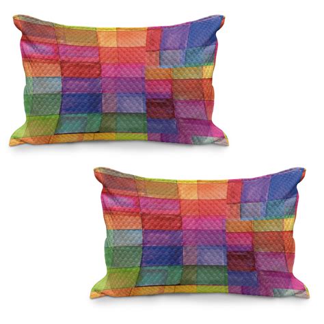 Abstract Quilted Pillowcover Set Of Rainbow Colored Geometric Square