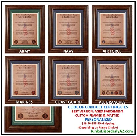 Best Us Military Code Of Conduct Aged Parchment Framed Matted Personalized All Branches Army