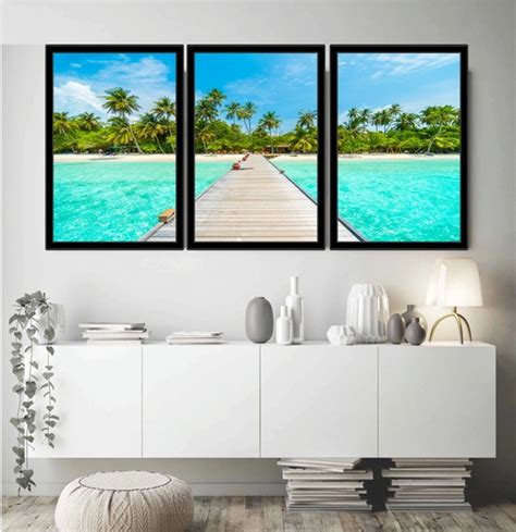 Kit Quadros Decorativos Paisagem Praia Mar Azul Moldura Elo