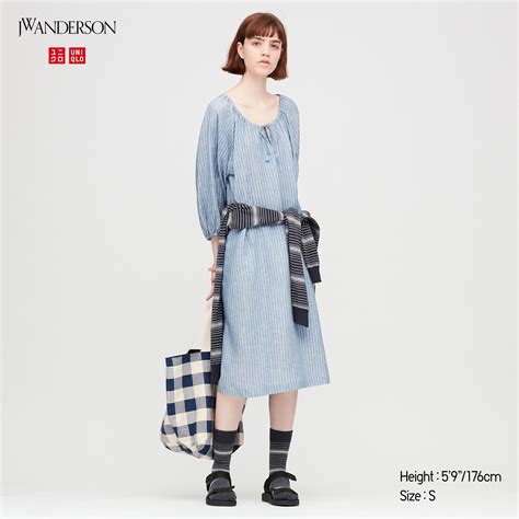 Uniqlo X J W Anderson Linen Blend Striped Gathered Sleeved Dress