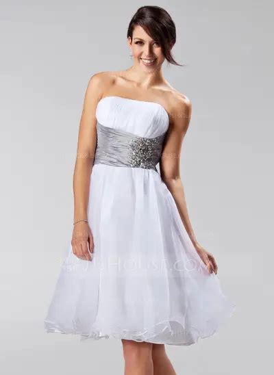 A Line Princess Strapless Knee Length Organza Bridesmaid Dress With