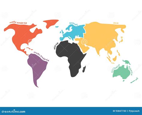 Multicolored Simplified World Map Divided To Continents Stock Vector