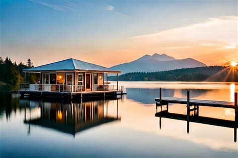 Premium AI Image | A house on a lake with a dock and a dock with a ...