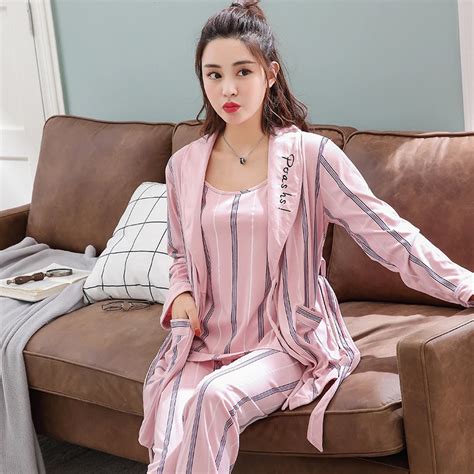 3 Piece Set Pajamas For Women Women Stripe Print Knitting Cotton