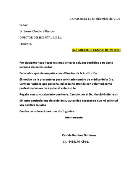 Solicitud Cambio De Medico Pdf