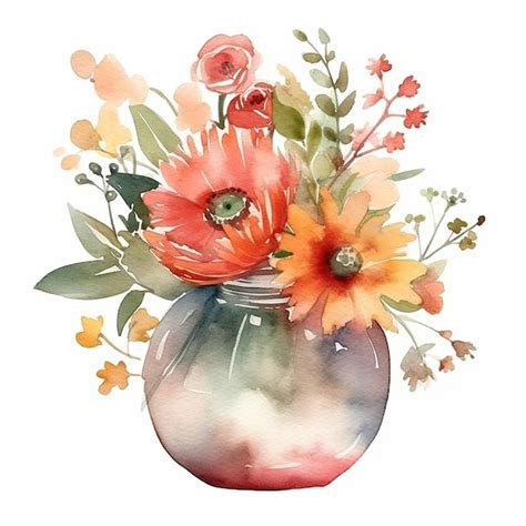 Premium Ai Image Watercolor Painting Of A Vase With Flowers And Leaves