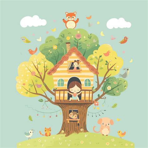 Cutetreehousewithlittlegirlandanimals Casa En El árbol Conniña