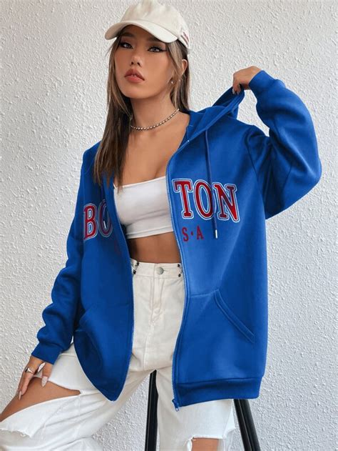 Is That The New Letter Graphic Zip Up Drop Shoulder Drawstring Thermal Lined Hoodie Romwe Usa