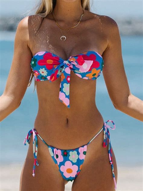 Emmiol Free Shipping 2024 Strappy Tie Floral Bikini Set Blue M In