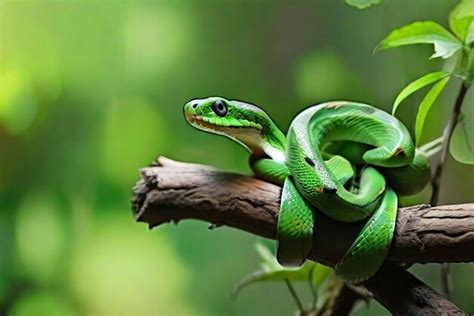 Premium AI Image | A green snake is on a branch on natural background ...