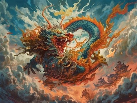 Premium Photo Painting Of A Dragon Flying Through The Air With A Sky