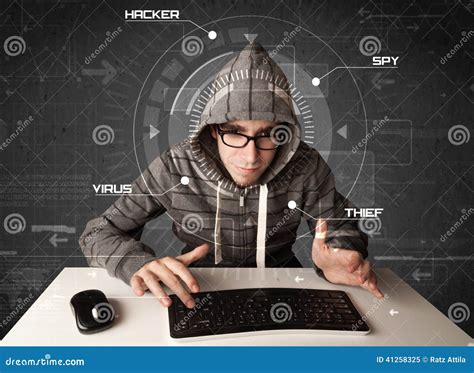 Young Hacker In Futuristic Enviroment Hacking Personal Information