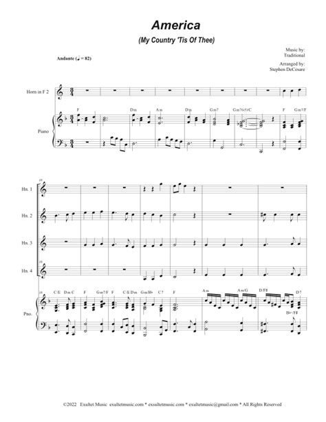 America My Country Tis Of Thee French Horn Quartet And Piano Arr Stephen Decesare By