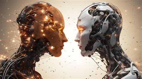 Two futuristic opposite ai robots. Battle of good and bad artificial