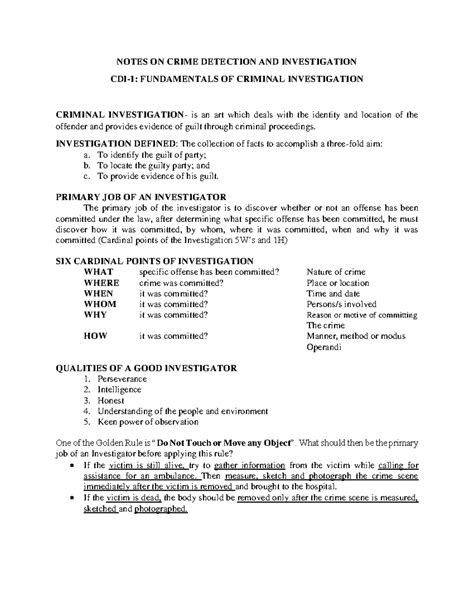 Cdi 1 Fundamental Of Investigation Notes On Crime Detection And