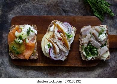 Scandinavian Open Sandwiches Salmon Mackerel Herrings Stock Photo