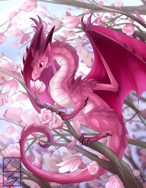 Cute Dragon Drawing on a Blossoming Tree Branch