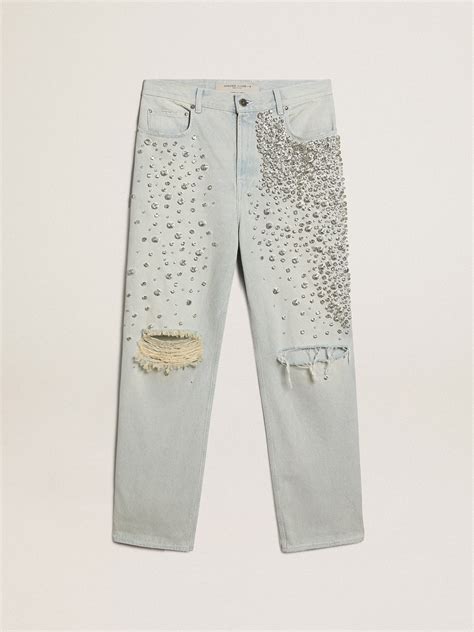 Womens Bleached Jeans With Cabochon Crystals Golden Goose