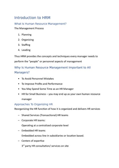 Introduction To Hrm Lecture Notes 1 Introduction To Hrm What Is