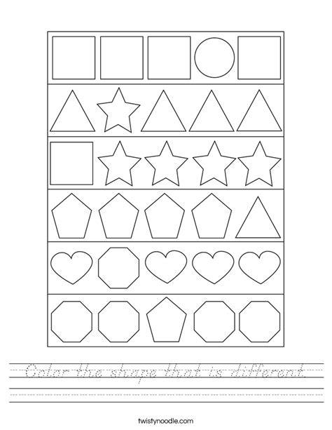 Color The Shape That Is Different Worksheet Dnealian Twisty Noodle