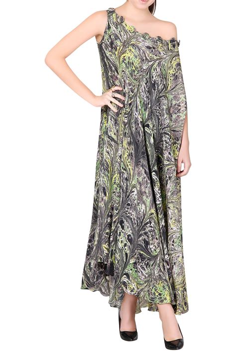 Buy Green Crepe Asymmetric Printed Maxi Dress For Women By Limerick By