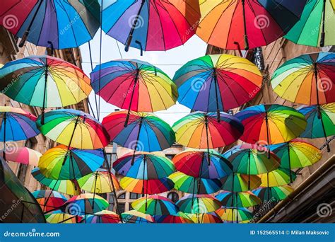 Many Colorful Umbrellas Above The Street Editorial Stock Image Image