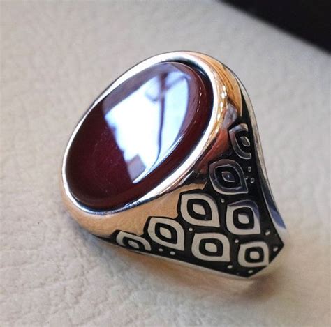 Aqeeq Men Ring Sterling Silver 925 High Quality Agate Carnelian Oval Red Orange Stone Jewelry