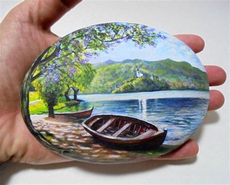 Rock Painting Landscape With Boat Next To The Lake Painted With