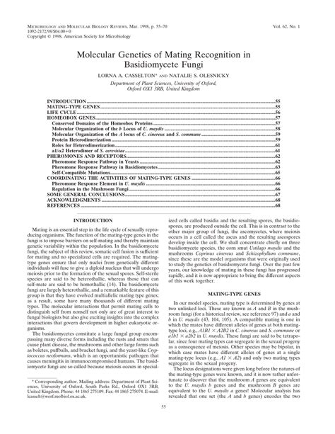 Pdf Casselton La Olesnicky Nl Molecular Genetics Of Mating Recognition In Basidiomycete