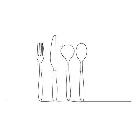 Forks Spoons Knife Continuous One Line Drawing Hand Drawn Vector