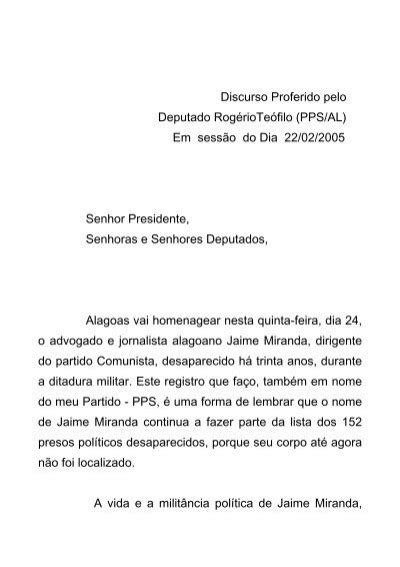 Discurso Proferido pelo Deputado RogérioTeófilo PPS AL Em