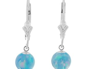 Cornflower Blue Opal Ball Drop Leverback Earrings Gold Filled