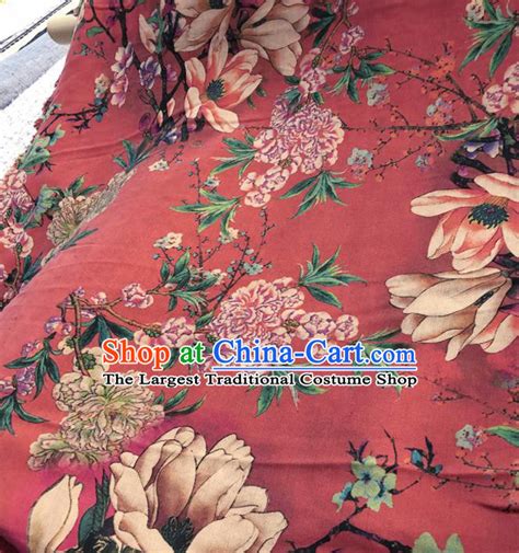 Chinese Traditional Peony Pattern Design Purplish Red Satin Watered