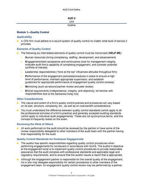 Audit Process AUD 2 Unit Outline Module 1Quality Control