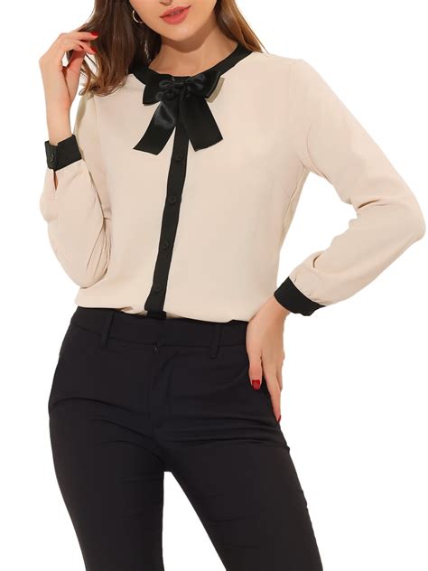 Allegra K Womens Elegant Button Down Shirt Contrast Bow Neck Long Sleeve Work Office Top