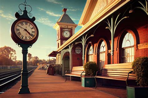 Old-fashioned Train Station, with Vintage Clock and Wooden Benches, in ...