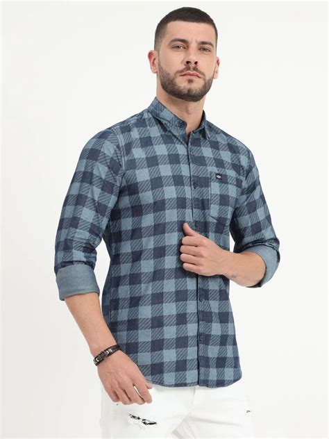 Large Checks Cotton Greyish Blue Men Check Shirt Full Sleeves Casual