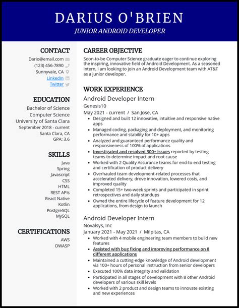 3 Entry Level Android Developer Resume Examples In 2024