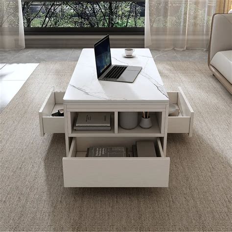 Hernest | 47 Inch White Lift Coffee Table with 3 Storage Drawers and 4 ...