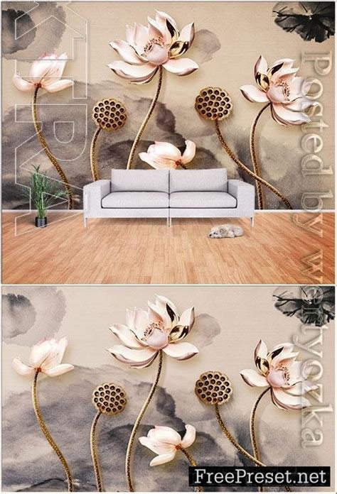 New Chinese 3d Stereo Lotus Ink Background Wall