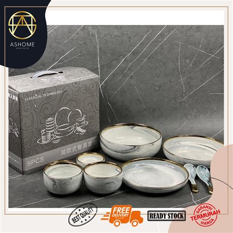 Jual Ashome Piring Set Orang Piring Makan Set Keramik Abu Marble Isi