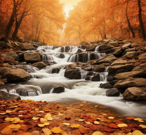 AI generated Autumn forest waterfall with fallen leaves in the ...