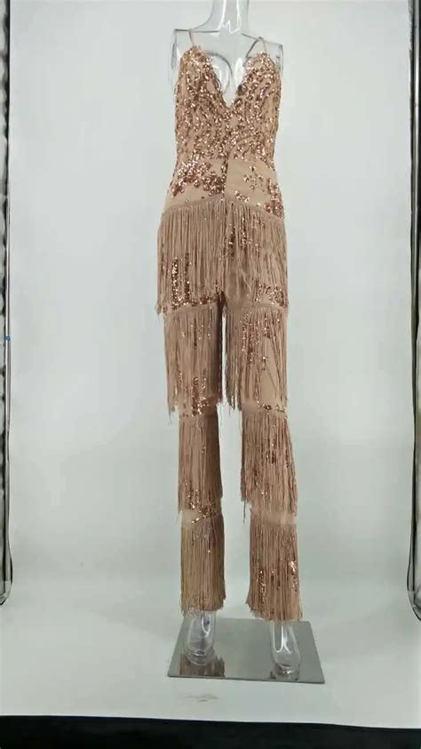 2018 Gold Sequin Fringes Romper Embroidery Elegant Jumpsuit Playsuit Women Deep V Neck Tassel