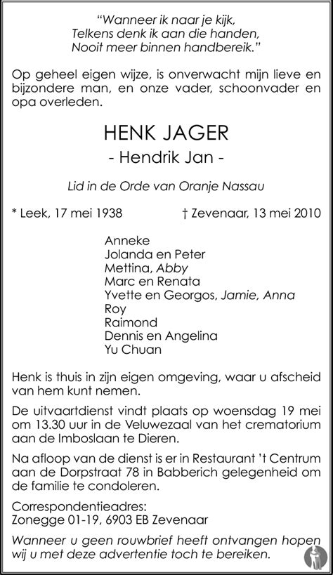 Hendrik Jan Henk Jager 13 05 2010 Overlijdensbericht En Condoleances