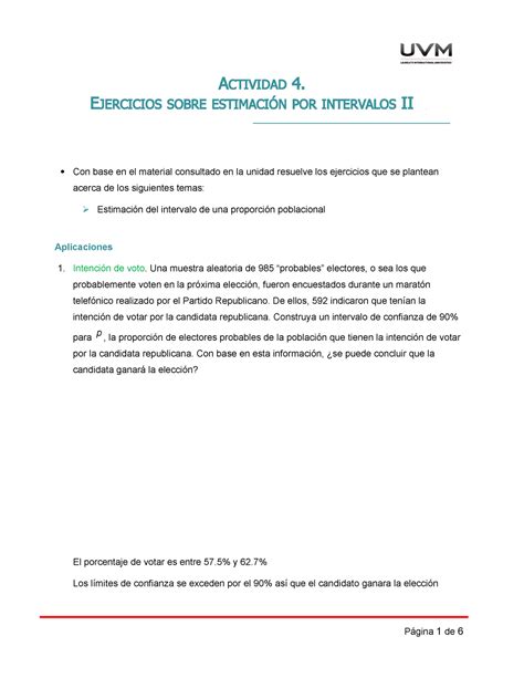 A Ejercicios Actividad Ejercicios Sobre Estimaci N Por Intervalos