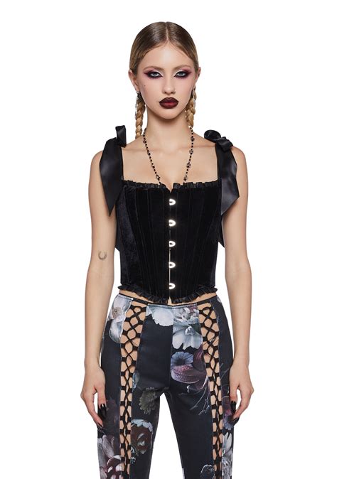 Widow Velvet Satin Trim Crop Corset Top Black Dolls Kill