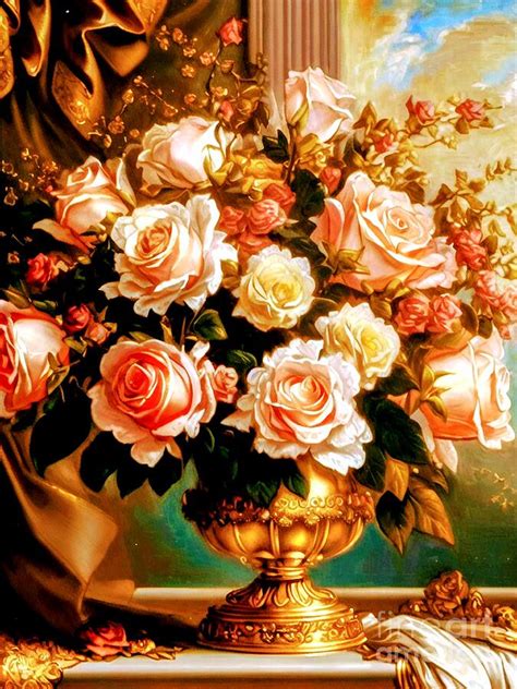 Decorative Bouquet Of Roses In A Golden Vase Mixed Media By Zenya Zenyaris Fine Art America