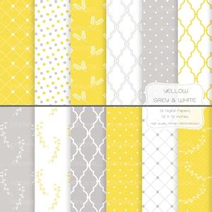 Yellow Grey White Digital Paper Yellow Floral Digital Paper Yellow